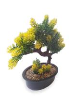 Bonsai Verde Amarelo Arranjo Flor Artificial Com Vaso Marrom - FLORDECORAR