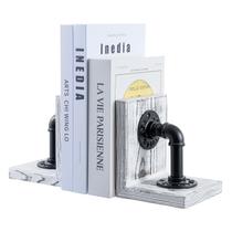 Bookends MyGift em madeira caiada de branco com design de tubulação industrial Bookends MyGift em madeira caiada de branco com design de tubulação industrial