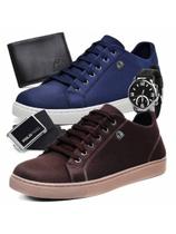 Boot Shop Kit 2 Pares Tênis Masculino Sapatênis Básico Casual Com Carteira Cinto e Relógio