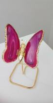 Borboleta Em Ágata Natural Rosa E Ouro No Pedestal 10x14cm