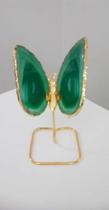 Borboleta Em Ágata Natural Verde E Ouro No Pedestal 10x17cm