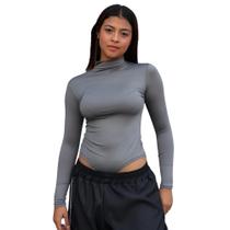 Bori Manga Longa Gola Alta Básica Casual Tecido Suplex - Cinza