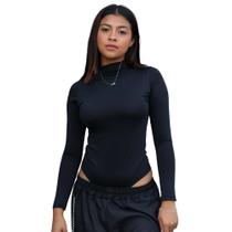 Bori Manga Longa Gola Alta Básica Casual Tecido Suplex - Preto