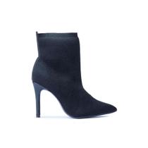 Bota Ankle Boot Bebecê Bico Fino e Salto Alto em Malha Knit T6126-114 Feminina-Preto