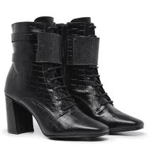 Bota Ankle Boot Feminino Couro Croco Bico Fino Salto Estilo