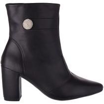 Bota Bico Fino Feminina Cano Médio Tornozelo Salto Grosso Detalhe Strass Zíper Blogueira.