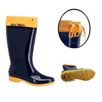 Bota Borracha Galocha Cano Longo com Gola Grendene Pega Forte Azul com Sola Amarela