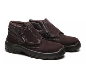 Bota Botina Bracol Couro Nobuck Cor Café tiras autocolantes Bico Pvc