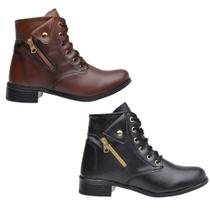 Bota Botina Coturno Feminina Couro Zíper Kit 2 Pares