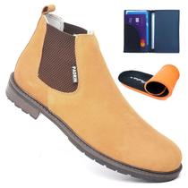 Bota Botina Masculina Caipira Rural Country Elastico Em Couro Nobuk ComPalmilhaGel E Carteira