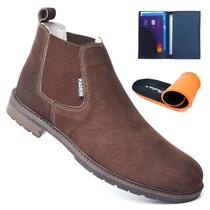 Bota Botina Masculina Caipira Rural Country Elastico Em Couro Nobuk ComPalmilhaGel E Carteira