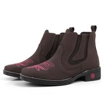 Bota Botina Texana Feminina Café Rodeio Bordado Rosa e Solado Resistente
