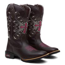 Bota Botina Texana Feminina Country com Cruz Rosa em Couro