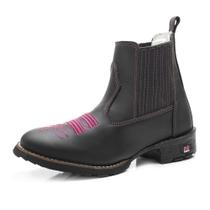 Bota Botina Texana Feminina Em Couro Com Bordado Bico Redondo Bota Botina Texana Feminina Em Couro Com Bordado Bico Redondo