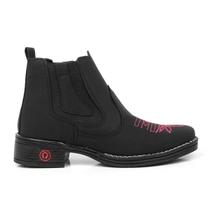 Bota Botina Texana Feminina Preto Rodeio Bordado Rosa e Solado Resistente