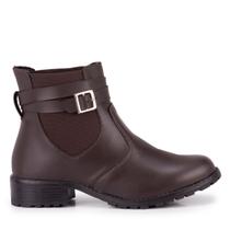 Bota Botinha Cano Curto Fivela e Zíper Marrom Sola Baixa Feminina Confort 702 adv