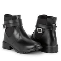 Bota Botinha Cano Curto Fivela e Zíper Preta Sola Baixa Feminina Comfort 702 adv