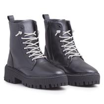 Bota Botinha Coturno Feminino Couro Cadarço Brilhoso Preto Branco