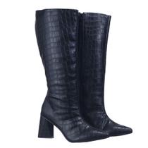 Bota Cano Alto Feminina Croco Salto Grosso e Bico Fino Fecho Zíper