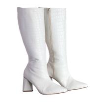 Bota Cano Alto Feminina Croco Salto Grosso e Bico Fino Fecho Zíper