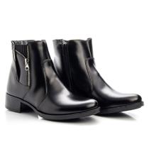 Bota Cano Curto Amanda Block de Couro com Elastico e Ziper Salto Baixo