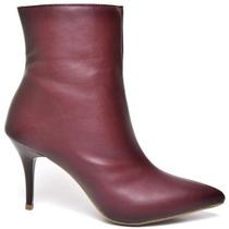 Bota Cano Curto Feminino Salto Fino Médio Napa Marsala
