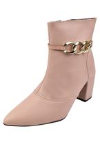 Bota Cano Curto Rosa Chic Calçados Bico Fino Salto Alto Enfeite Corrente Removível Zíper Feminino Nude