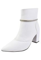 Bota Cano Curto Rosa Chic Calçados Bico Fino Salto Alto Enfeite Strass Brilho Removível Zíper Feminino Branco