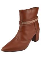 Bota Cano Curto Rosa Chic Calçados Bico Fino Salto Alto Enfeite Strass Brilho Removível Zíper Feminino Caramelo