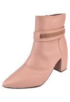 Bota Cano Curto Rosa Chic Calçados Bico Fino Salto Alto Enfeite Strass Brilho Removível Zíper Feminino Nude