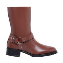 Bota Cano Medio Couro Legitimo Coturno Feminino Biker Ziper