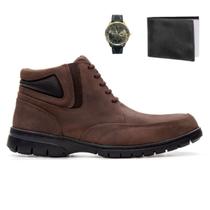 Bota Casual Confort Gel em Couro Masculino Texas Gold Café acompanha Relógio e Carteira