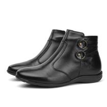 Bota Casual Couro Feminina Solado Rasteiro Cano Curto Zíper Lateral Bico Redondo Preto