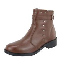 Bota Casual Couro Feminino Cano Curto Moda Fivela Rebites Resistente Confortável Salto Baixo