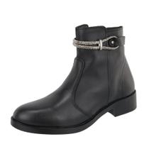 Bota Casual Couro Feminino Cano Curto Zíper Moda Tira Brilhante Elegante Salto Baixo Confortável