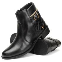 Bota Casual Feminino Cano Curto Moda Zíper Tira Ponteira e Fivela Elegante Confortável Salto Baixo