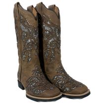 Bota Com Brilho Country Feminina Couro Vazado Prata Flowers Vimar