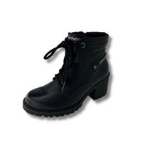 Bota comfortflex em couro cano curto fecho em cadarço detalhe em strass salto bloco