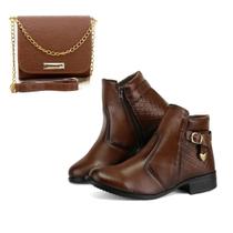 Bota Cotuno Feminina Kit Mulher Com Bolsa Feminina Transversal Bag Em Couro Pequena Balada Marrom - Moda Fashion