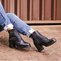 Bota Coturno Casual Feminina salto alto Dorf Couro Preto