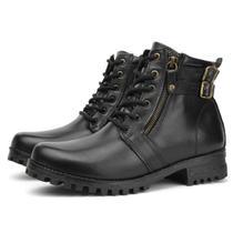 Bota Coturno Couro Feminino Cano Curto Salto Tratorado Baixo Zíper Cadarço Básica Casual Preto