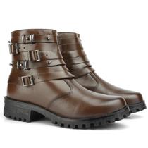 Bota Coturno Couro Feminino Cano Curto Solado Tratorado Baixo Zíper Fivelas Básica Casual Tabaco