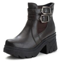 Bota Coturno Couro Feminino Cano Curto Zíper Elástico Fivela Elegante Salto Alto Robusto Confortável