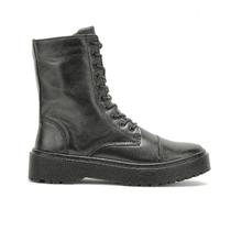 Bota Coturno Couro Feminino Solado Flatform Tratorado Cano Médio Salto Baixo Cadarço Preto