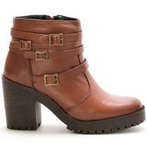 Bota Coturno Couro Feminino Zíper Tiras com Fivela Estilo Fashion Robusto Salto Tratorado