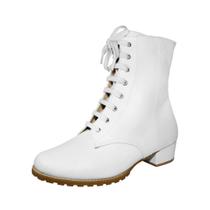 Bota Coturno Couro Legítimo Salto Baixo Grosso 3cm Cano Curto Bico Redondo Luiza Sobreira Off White Mod. 2216