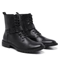 Bota Coturno Couro Masculino Cadarço Tira Fivela Estilo Moderno Resistente Confortável