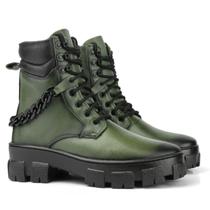 Bota Coturno Couro Militar Feminino Cano Médio Solado Tratorado Corrente Casual Verde Militar