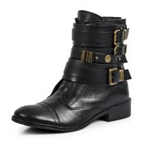 Bota Coturno Feminina Couro Cano Médio Fivelas Conforto Bota Coturno Feminina Couro Cano Médio Fivelas Conforto