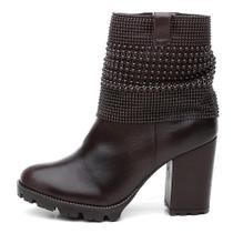 Bota Coturno Feminina Couro Zíper Apliques Cano Médio Casual